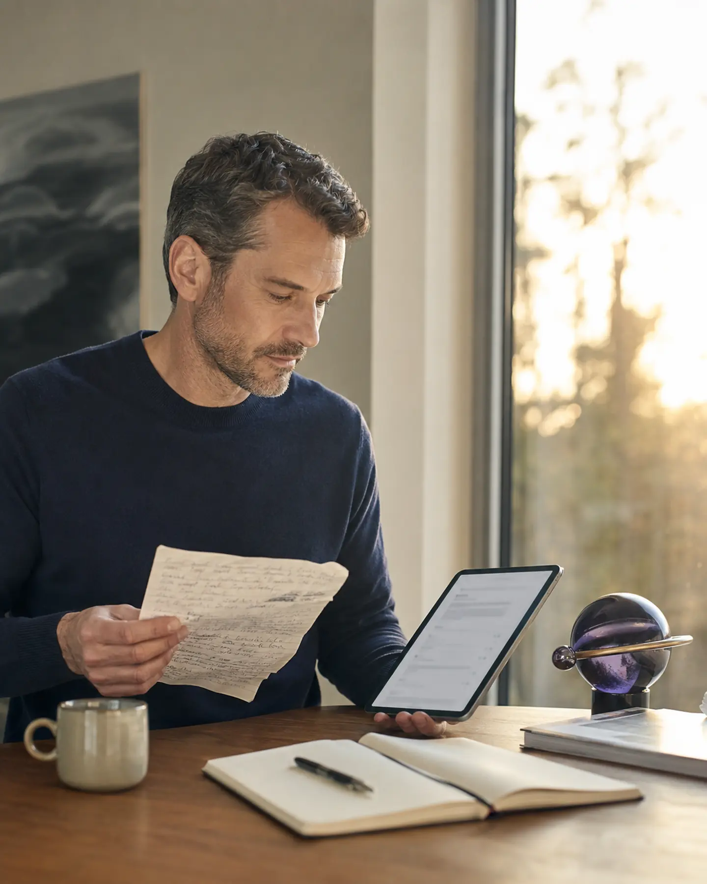 Une consultante examine un dossier papier volumineux tout en consultant une synthèse sur sa tablette.