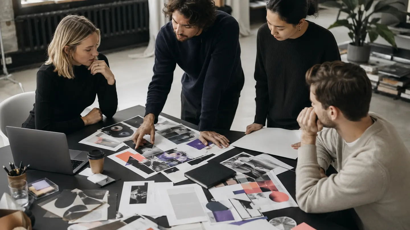 Une conceptrice, seule dans son atelier en fin de journée, compare des planches imprimées avec la version affichée sur son écran.